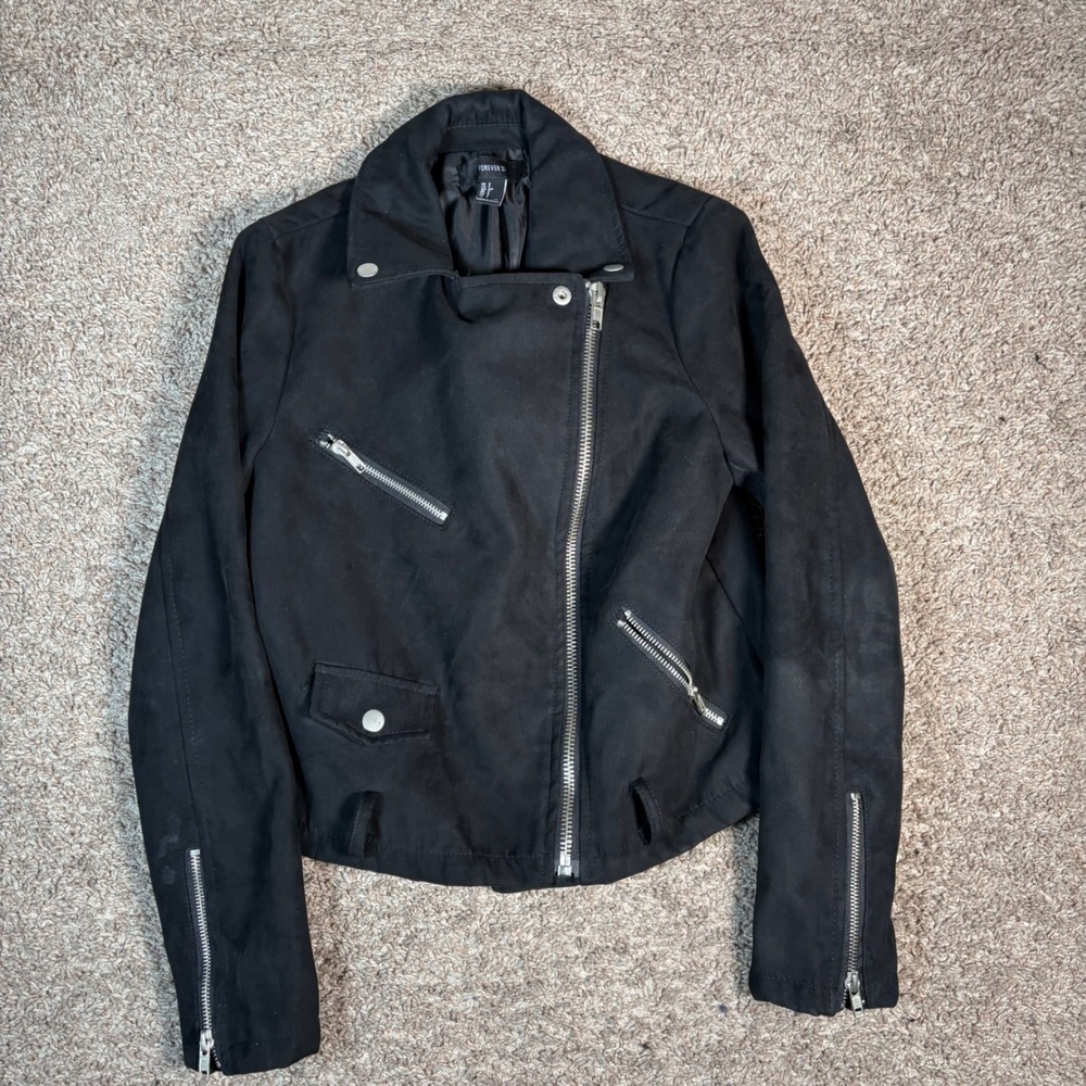 Forever 21‎ Moto Jacket Faux Suede Full Zip Biker Jacket Black Size S